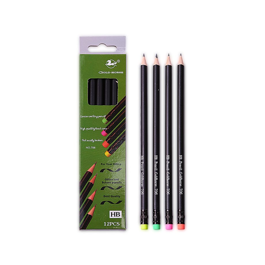 706Black lead pencil with rubber tip in 4 neon colors